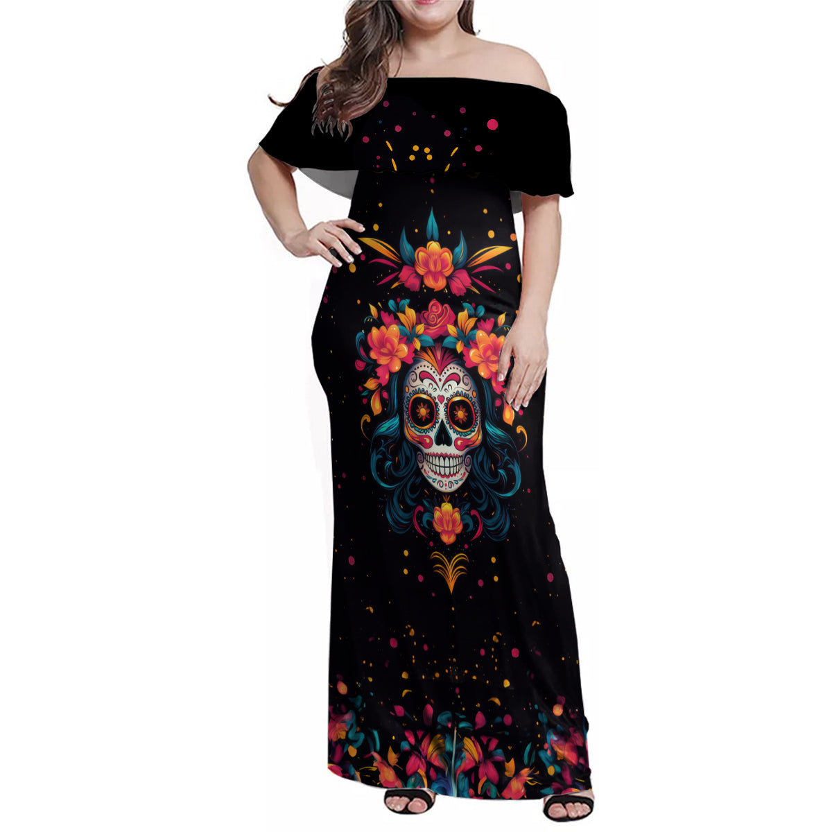 Day of Dead Skull Family Matching Off Shoulder Maxi Dress and Hawaiian Shirt Sugar Skull Festival Lady - Wonder Print Shop