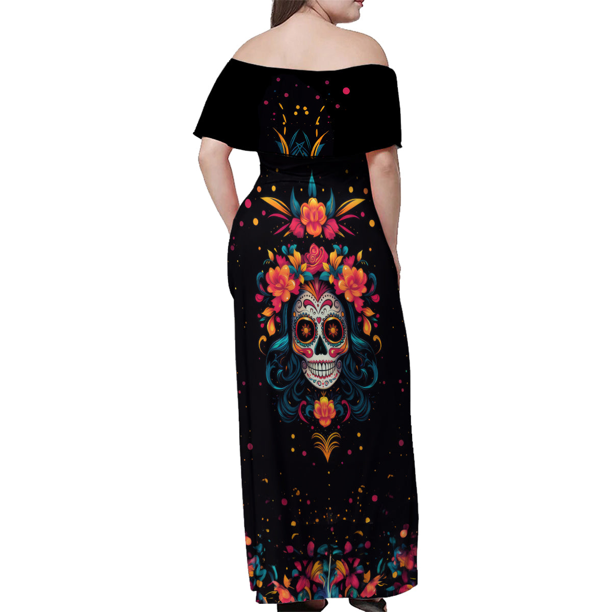 Day of Dead Skull Family Matching Off Shoulder Maxi Dress and Hawaiian Shirt Sugar Skull Festival Lady - Wonder Print Shop
