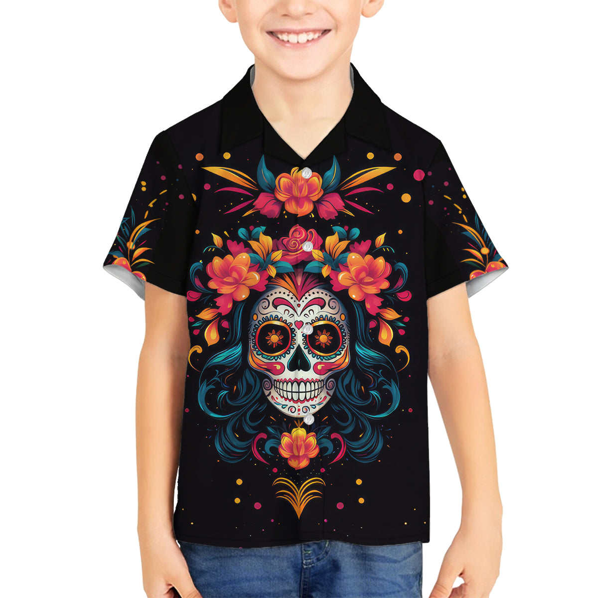 Day of Dead Skull Family Matching Off Shoulder Maxi Dress and Hawaiian Shirt Sugar Skull Festival Lady - Wonder Print Shop