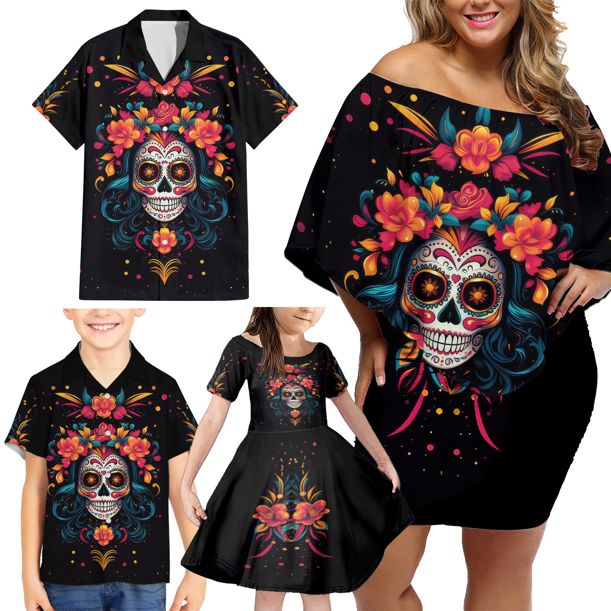 Day of Dead Skull Family Matching Off Shoulder Short Dress and Hawaiian Shirt Sugar Skull Festival Lady - Wonder Print Shop