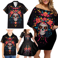 Day of Dead Skull Family Matching Off Shoulder Short Dress and Hawaiian Shirt Sugar Skull Festival Lady - Wonder Print Shop