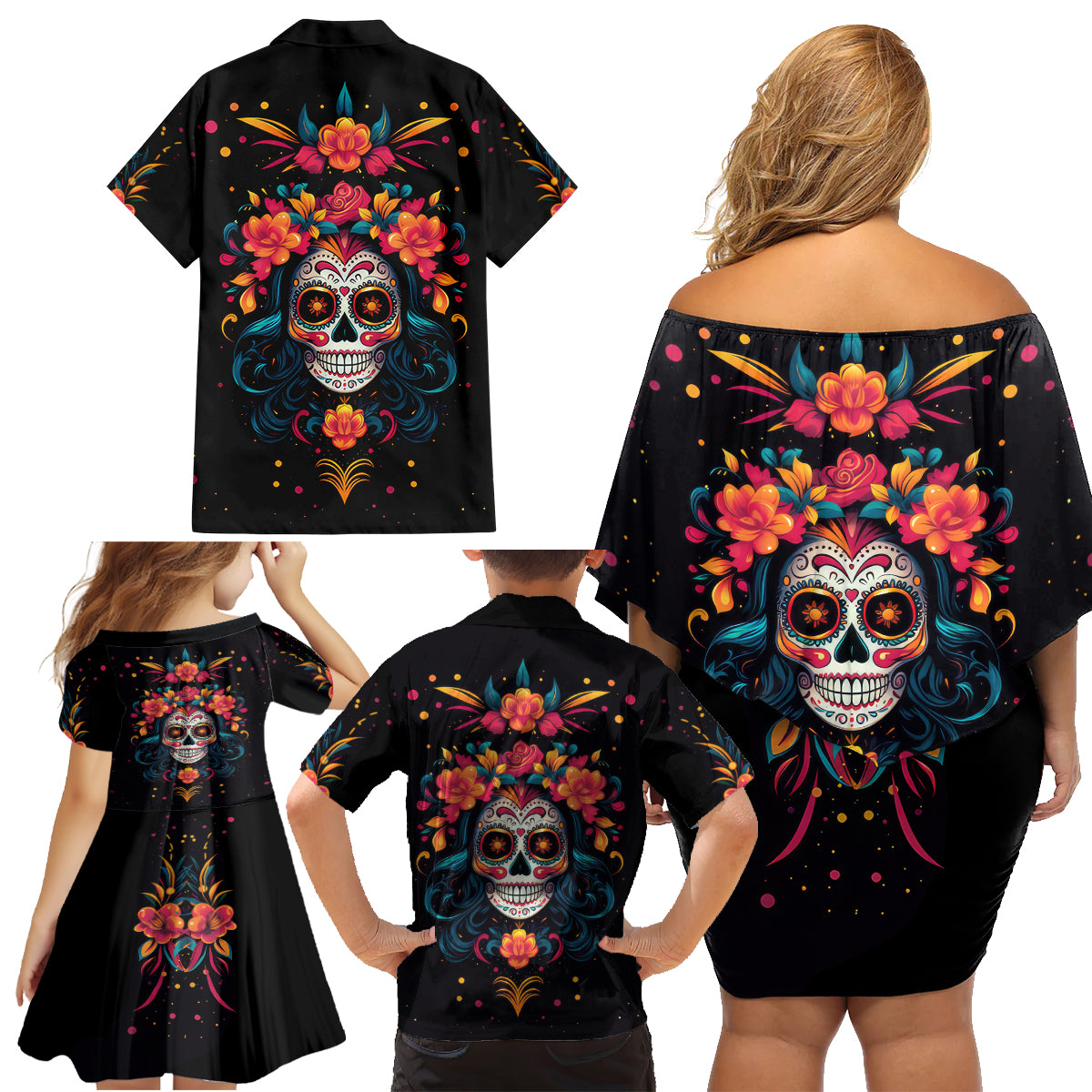 Day of Dead Skull Family Matching Off Shoulder Short Dress and Hawaiian Shirt Sugar Skull Festival Lady - Wonder Print Shop