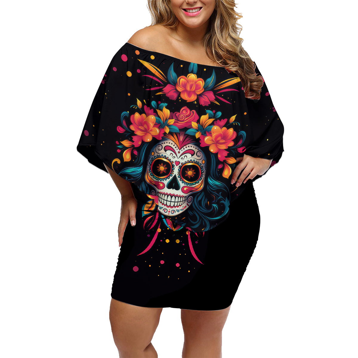 Day of Dead Skull Family Matching Off Shoulder Short Dress and Hawaiian Shirt Sugar Skull Festival Lady - Wonder Print Shop