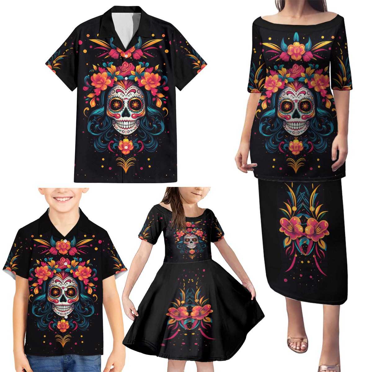 Day of Dead Skull Family Matching Puletasi Dress and Hawaiian Shirt Sugar Skull Festival Lady - Wonder Print Shop