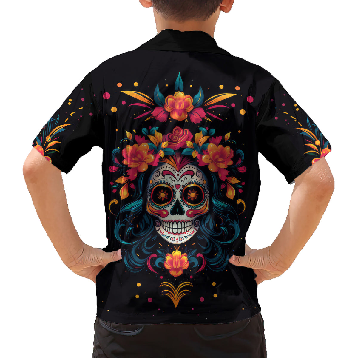 Day of Dead Skull Family Matching Short Sleeve Bodycon Dress and Hawaiian Shirt Sugar Skull Festival Lady - Wonder Print Shop