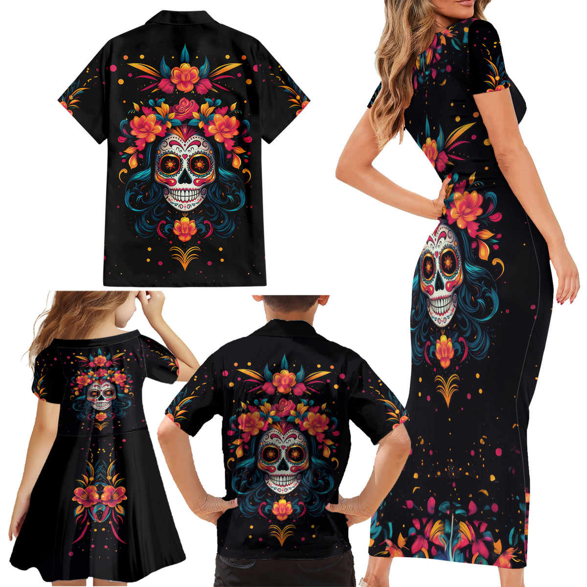 Day of Dead Skull Family Matching Short Sleeve Bodycon Dress and Hawaiian Shirt Sugar Skull Festival Lady - Wonder Print Shop