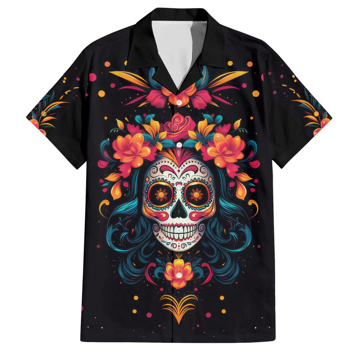 Day of Dead Skull Family Matching Short Sleeve Bodycon Dress and Hawaiian Shirt Sugar Skull Festival Lady - Wonder Print Shop