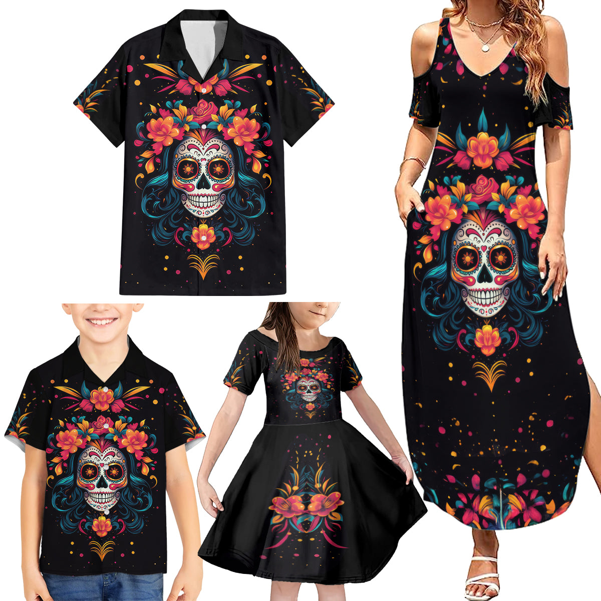 Day of Dead Skull Family Matching Summer Maxi Dress and Hawaiian Shirt Sugar Skull Festival Lady - Wonder Print Shop