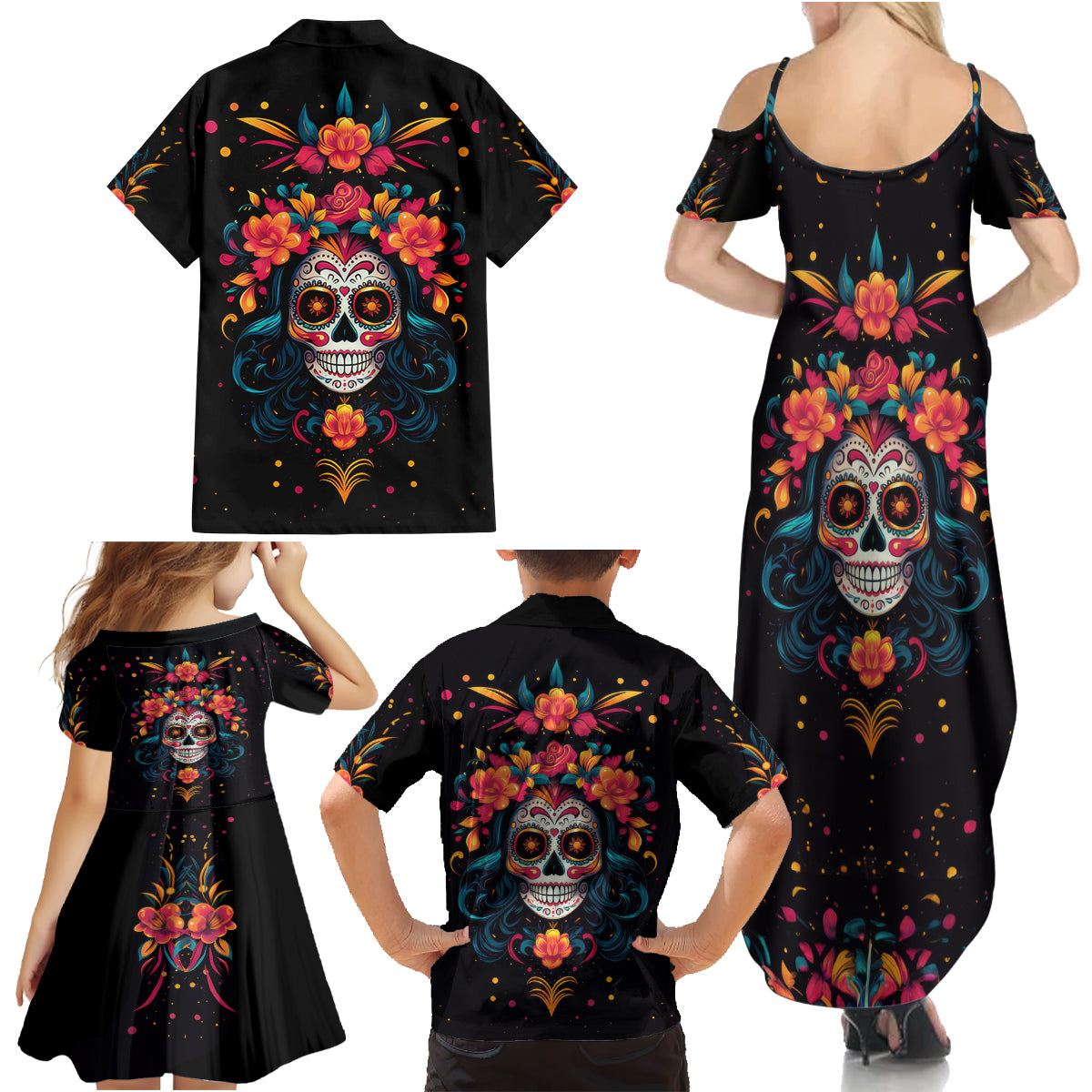 Day of Dead Skull Family Matching Summer Maxi Dress and Hawaiian Shirt Sugar Skull Festival Lady - Wonder Print Shop