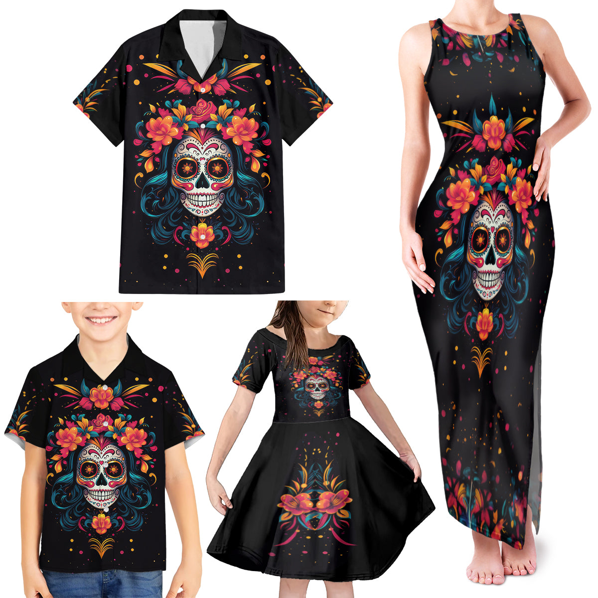 Day of Dead Skull Family Matching Tank Maxi Dress and Hawaiian Shirt Sugar Skull Festival Lady - Wonder Print Shop