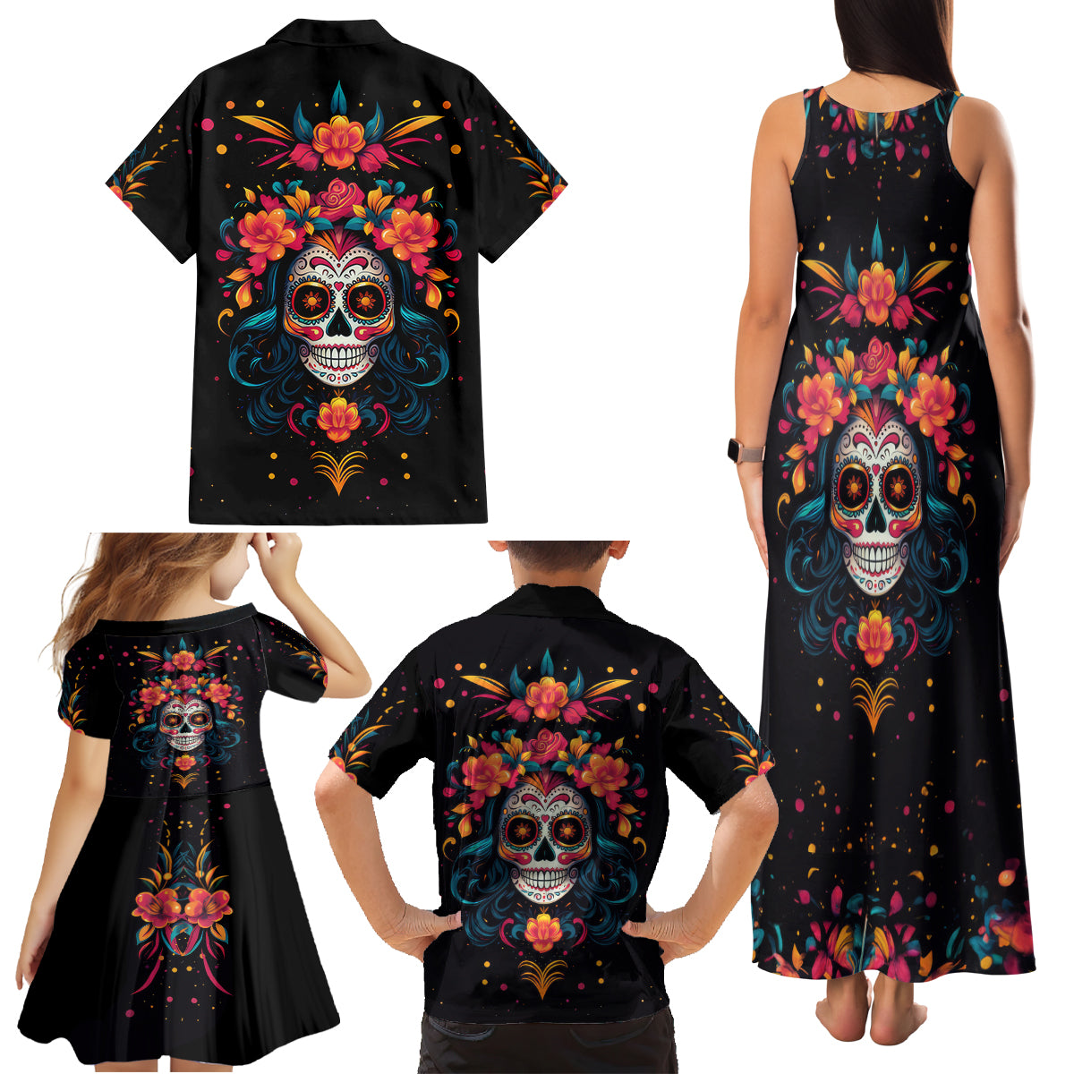 Day of Dead Skull Family Matching Tank Maxi Dress and Hawaiian Shirt Sugar Skull Festival Lady - Wonder Print Shop