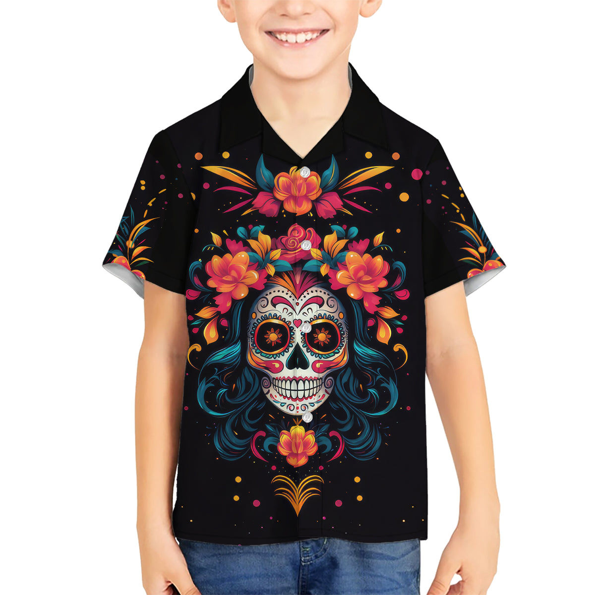 Day of Dead Skull Kid Hawaiian Shirt Sugar Skull Festival Lady - Wonder Print Shop