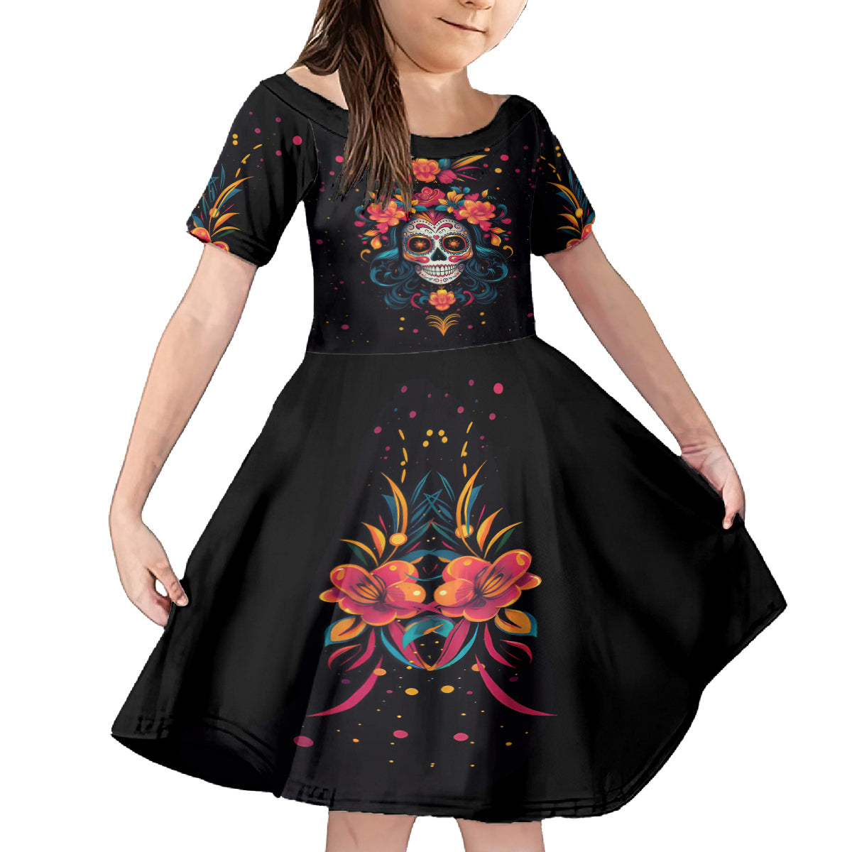 Day of Dead Skull Kid Short Sleeve Dress Sugar Skull Festival Lady - Wonder Print Shop