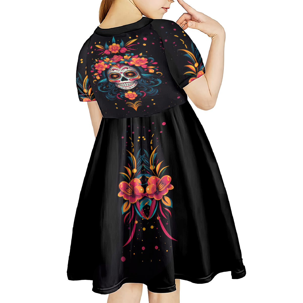 Day of Dead Skull Kid Short Sleeve Dress Sugar Skull Festival Lady - Wonder Print Shop