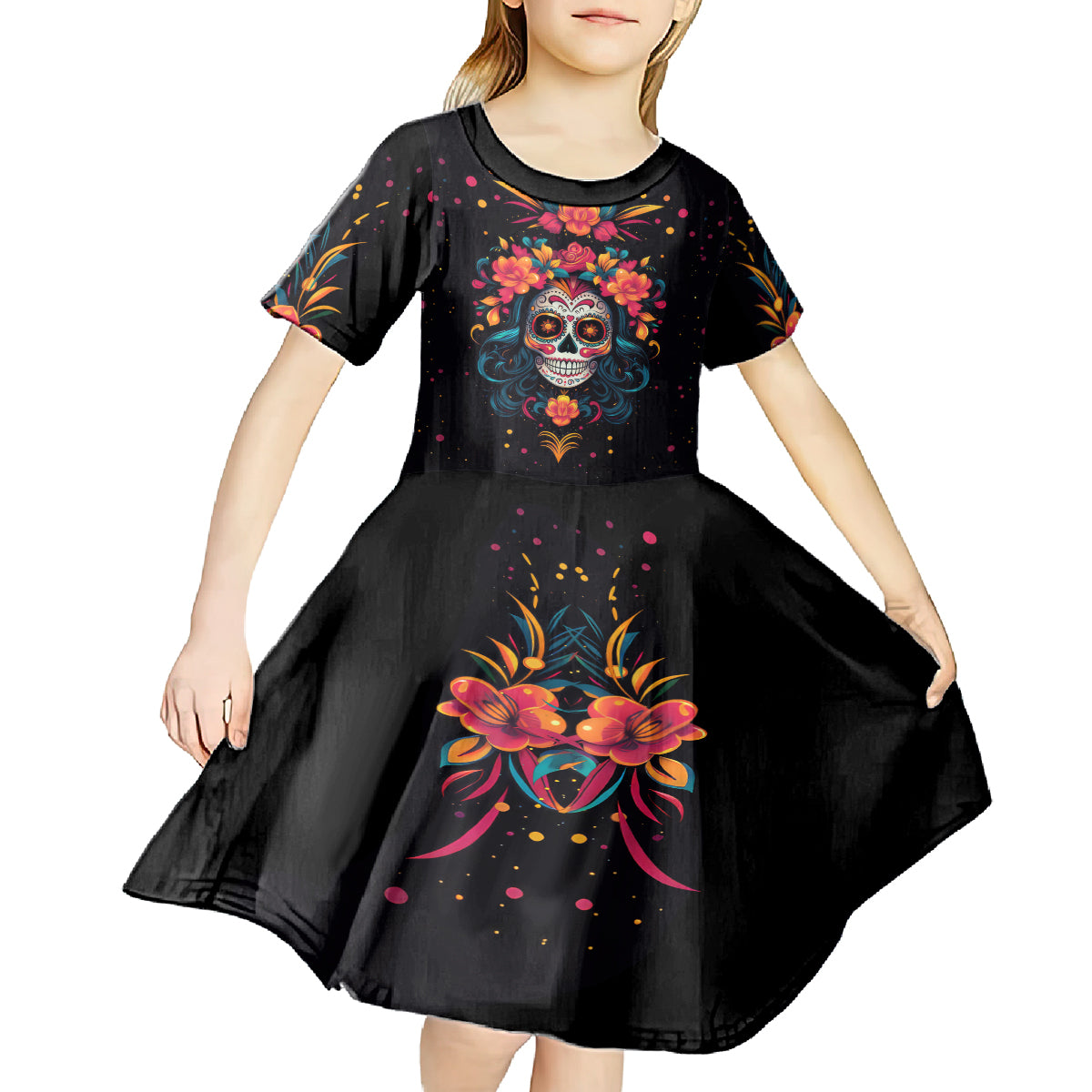 Day of Dead Skull Kid Short Sleeve Dress Sugar Skull Festival Lady - Wonder Print Shop