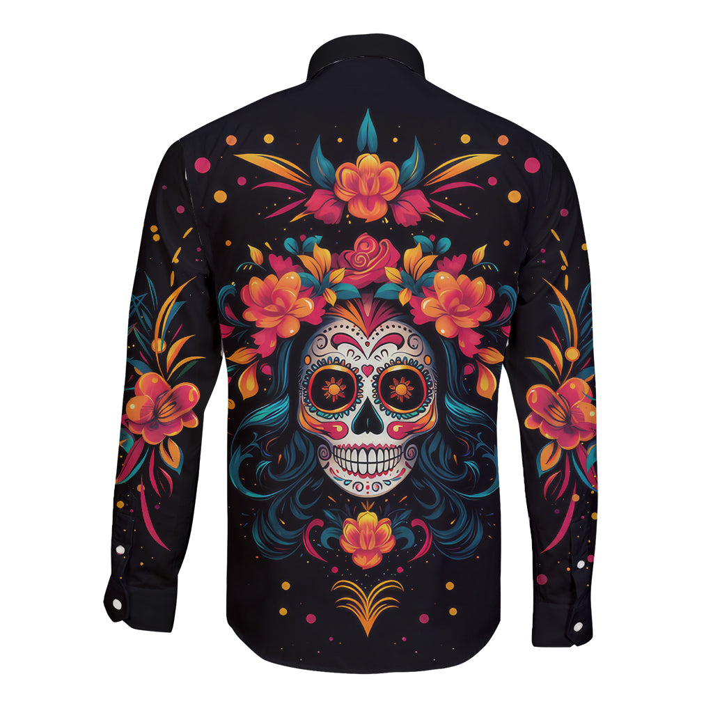 Day of Dead Skull Long Sleeve Button Shirt Sugar Skull Festival Lady - Wonder Print Shop