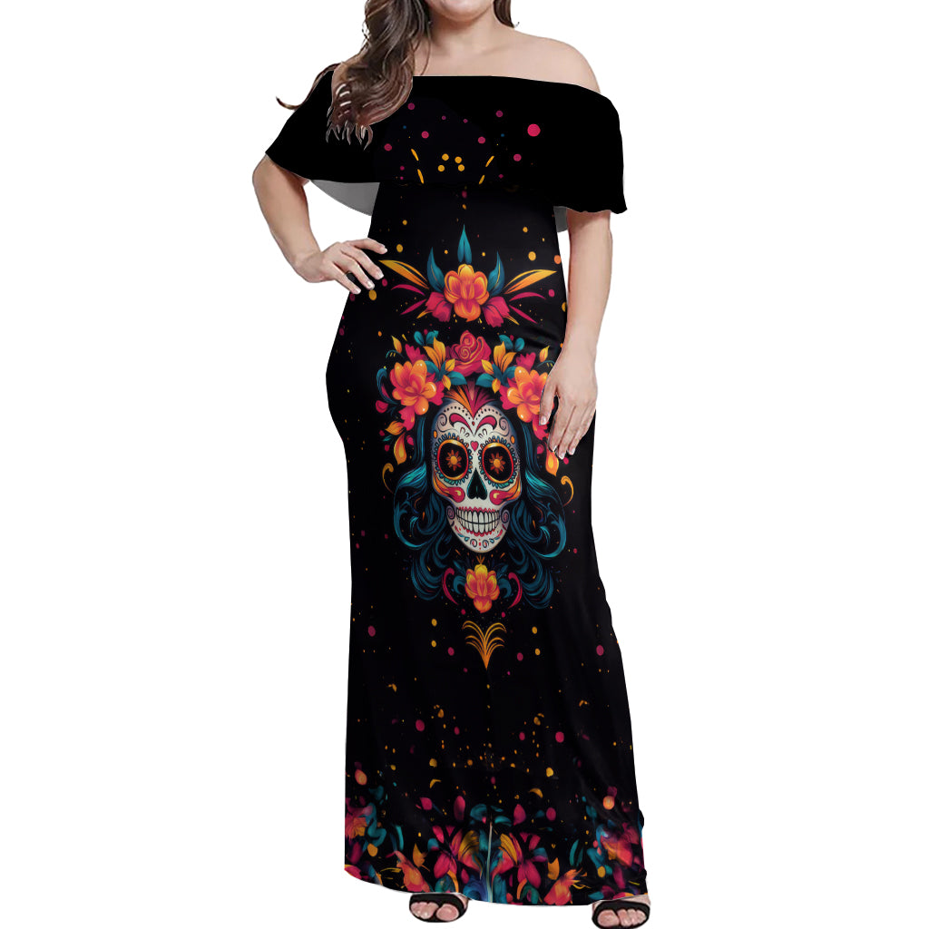 Day of Dead Skull Off Shoulder Maxi Dress Sugar Skull Festival Lady - Wonder Print Shop