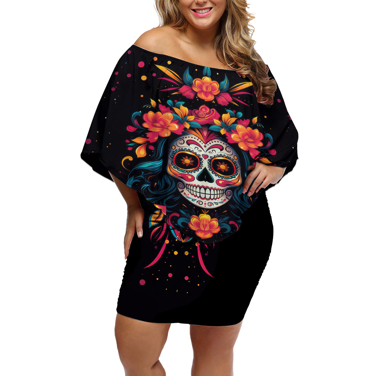 Day of Dead Skull Off Shoulder Short Dress Sugar Skull Festival Lady - Wonder Print Shop