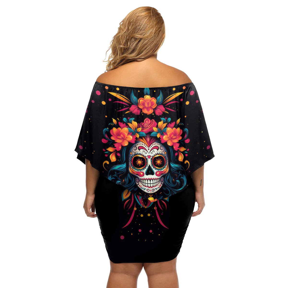 Day of Dead Skull Off Shoulder Short Dress Sugar Skull Festival Lady - Wonder Print Shop