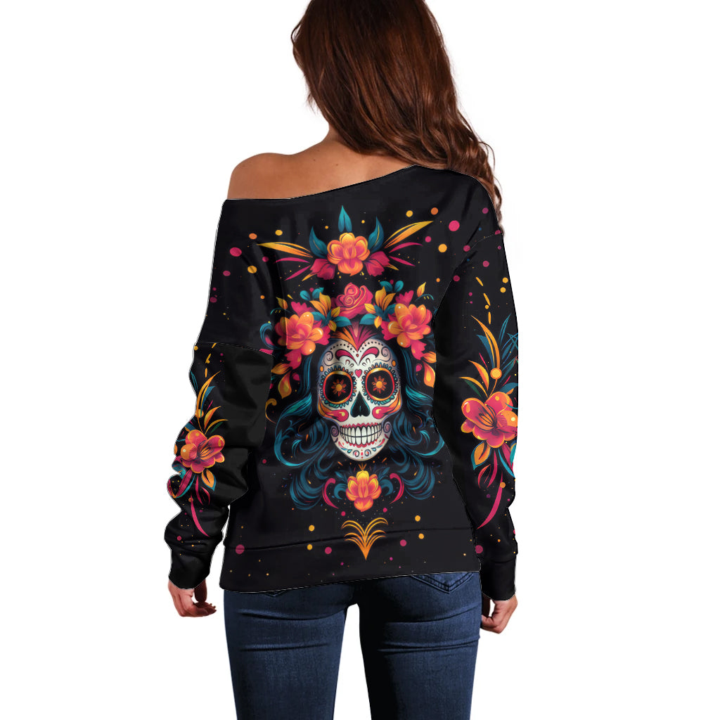Day of Dead Skull Off Shoulder Sweater Sugar Skull Festival Lady - Wonder Print Shop