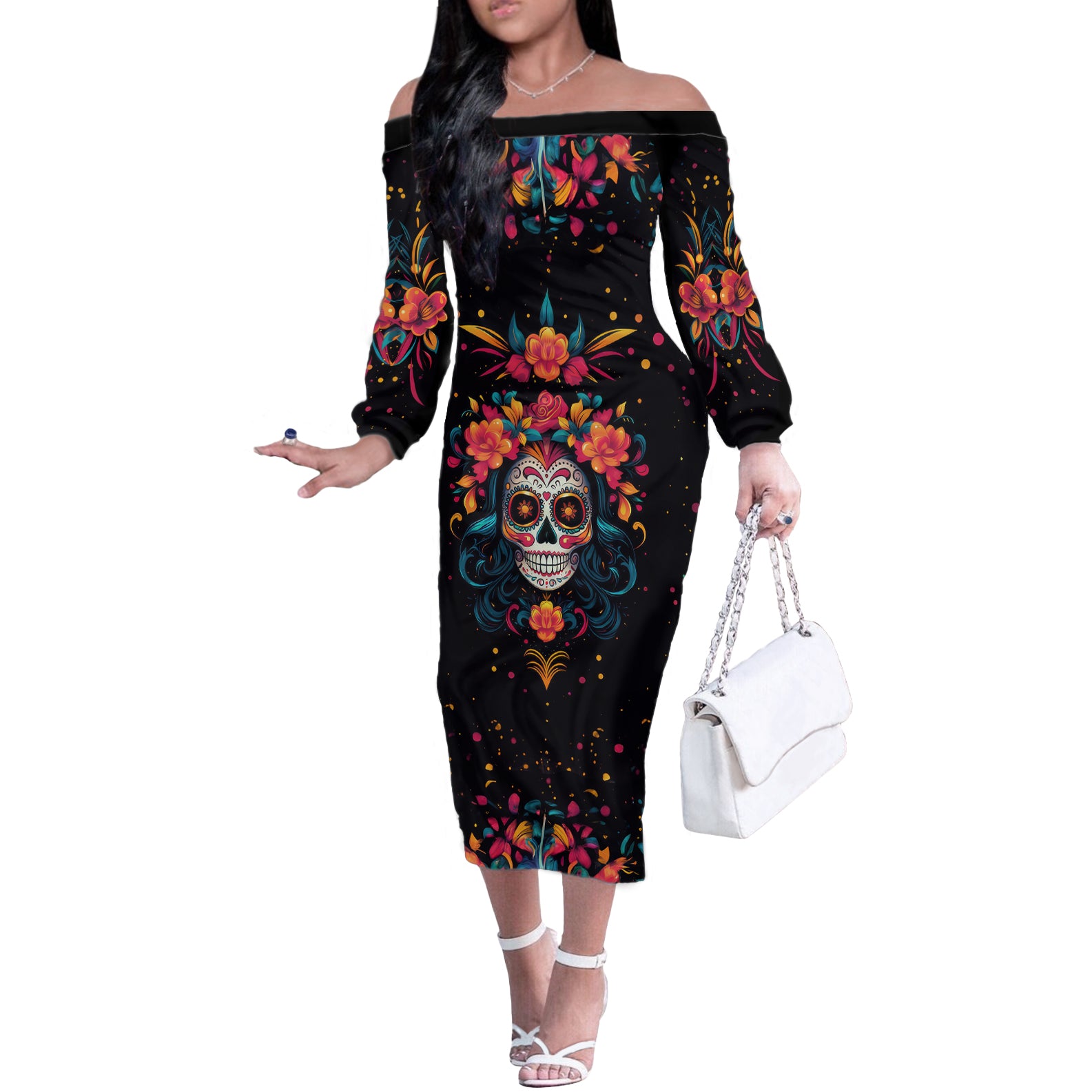 Day of Dead Skull Off The Shoulder Long Sleeve Dress Sugar Skull Festival Lady - Wonder Print Shop