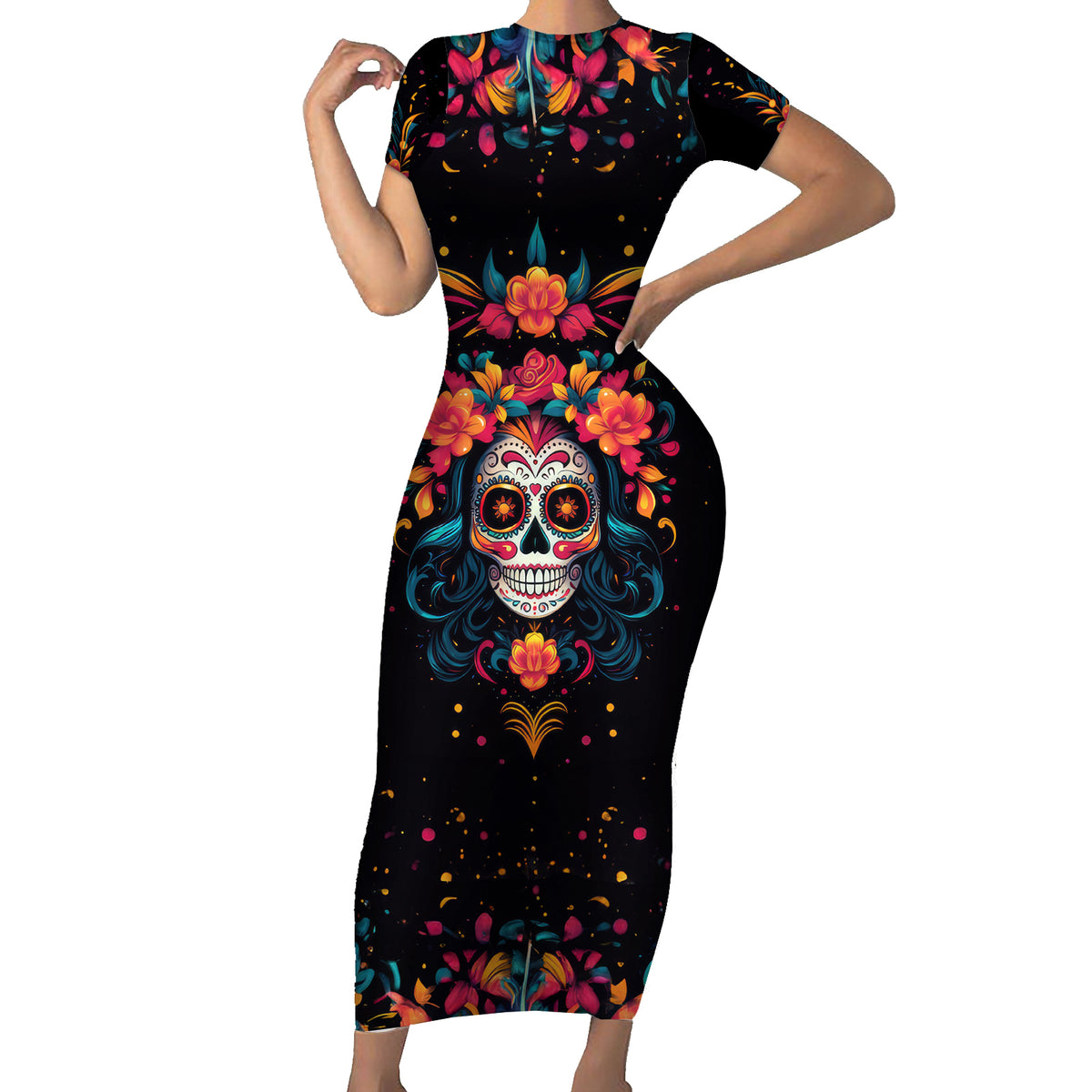 Day of Dead Skull Short Sleeve Bodycon Dress Sugar Skull Festival Lady - Wonder Print Shop