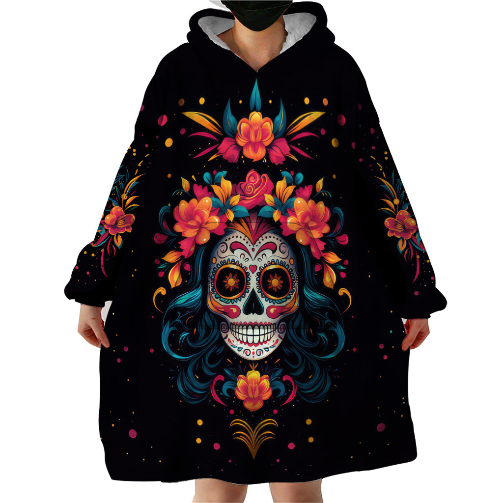Day of Dead Skull Wearable Blanket Hoodie Sugar Skull Festival Lady - Wonder Print Shop