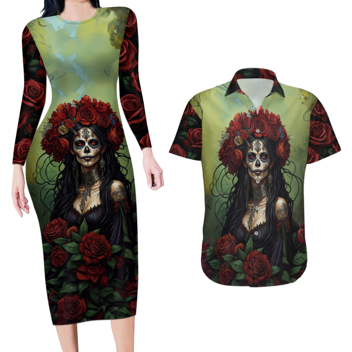 Day of Dead Lady Couples Matching Long Sleeve Bodycon Dress and Hawaiian Shirt Sugar Skull Rose Lady - Wonder Print Shop