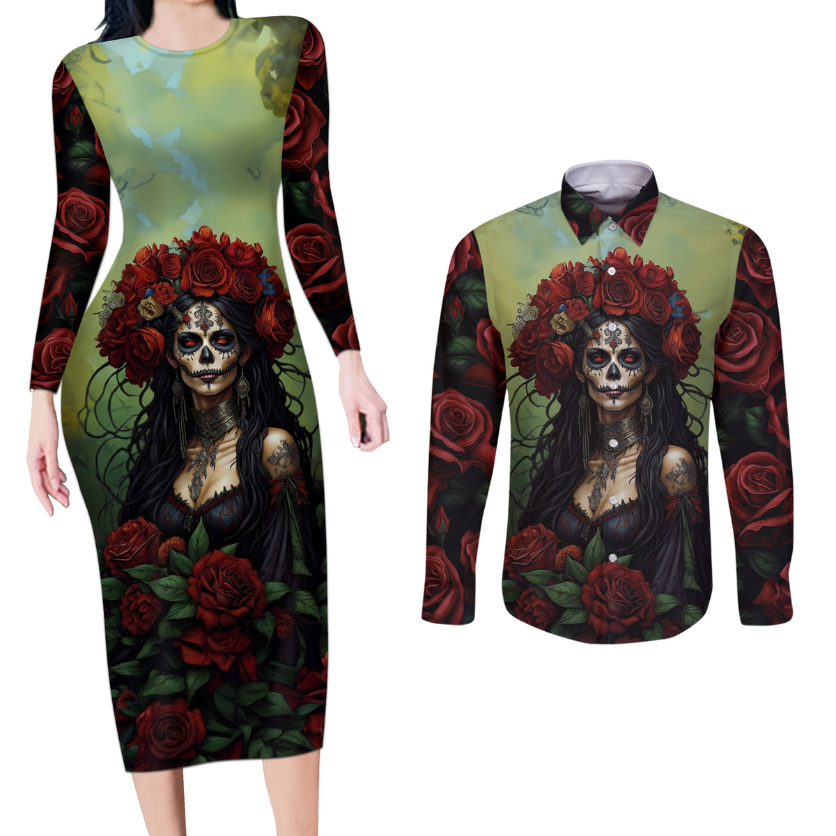 Day of Dead Lady Couples Matching Long Sleeve Bodycon Dress and Long Sleeve Button Shirt Sugar Skull Rose Lady - Wonder Print Shop