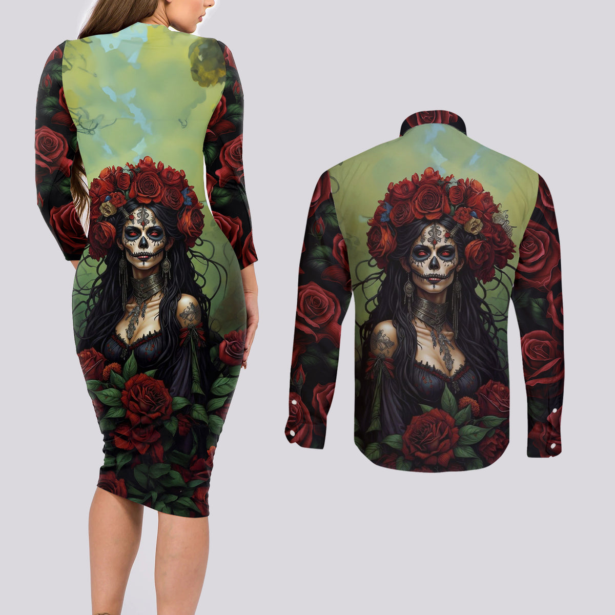 Day of Dead Lady Couples Matching Long Sleeve Bodycon Dress and Long Sleeve Button Shirt Sugar Skull Rose Lady - Wonder Print Shop
