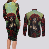 Day of Dead Lady Couples Matching Long Sleeve Bodycon Dress and Long Sleeve Button Shirt Sugar Skull Rose Lady - Wonder Print Shop