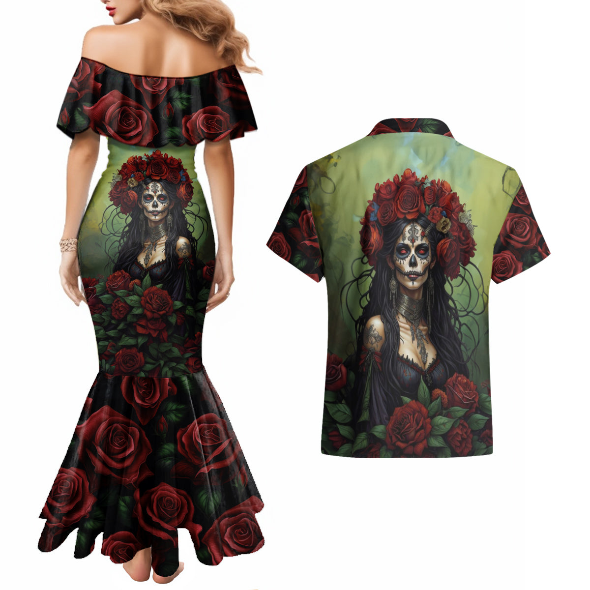 Day of Dead Lady Couples Matching Mermaid Dress and Hawaiian Shirt Sugar Skull Rose Lady - Wonder Print Shop