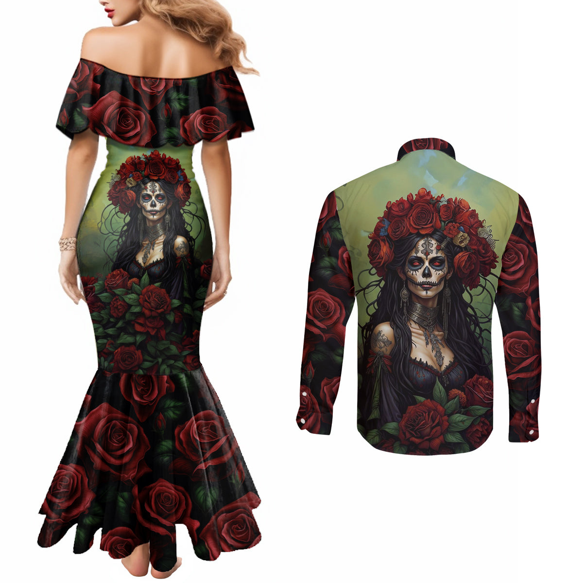 day-of-dead-lady-couples-matching-mermaid-dress-and-long-sleeve-button-shirt-sugar-skull-rose-lady