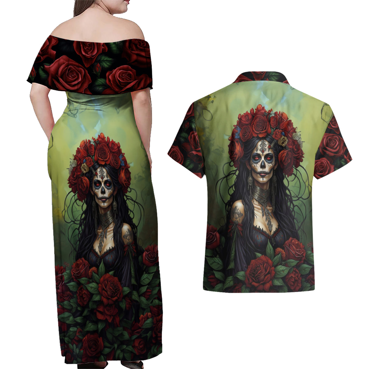 Day of Dead Lady Couples Matching Off Shoulder Maxi Dress and Hawaiian Shirt Sugar Skull Rose Lady - Wonder Print Shop