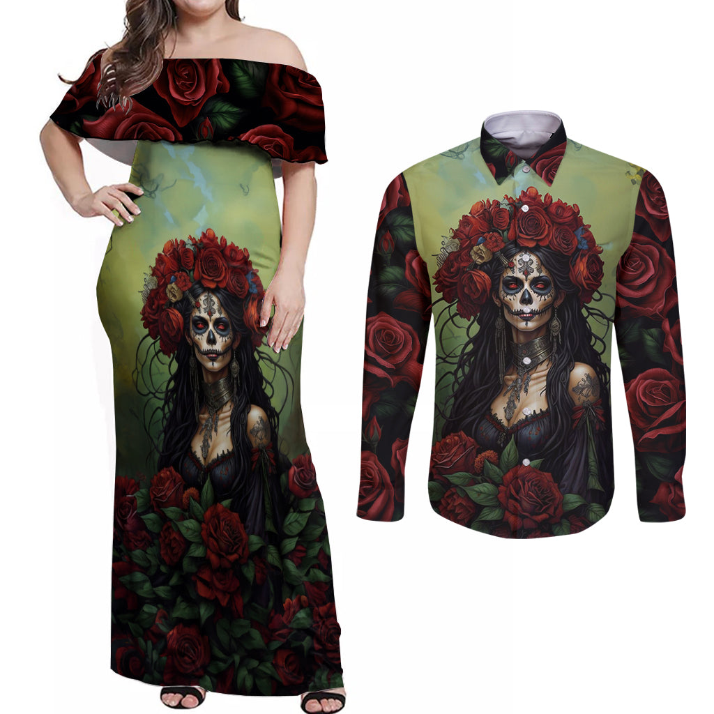 Day of Dead Lady Couples Matching Off Shoulder Maxi Dress and Long Sleeve Button Shirt Sugar Skull Rose Lady - Wonder Print Shop