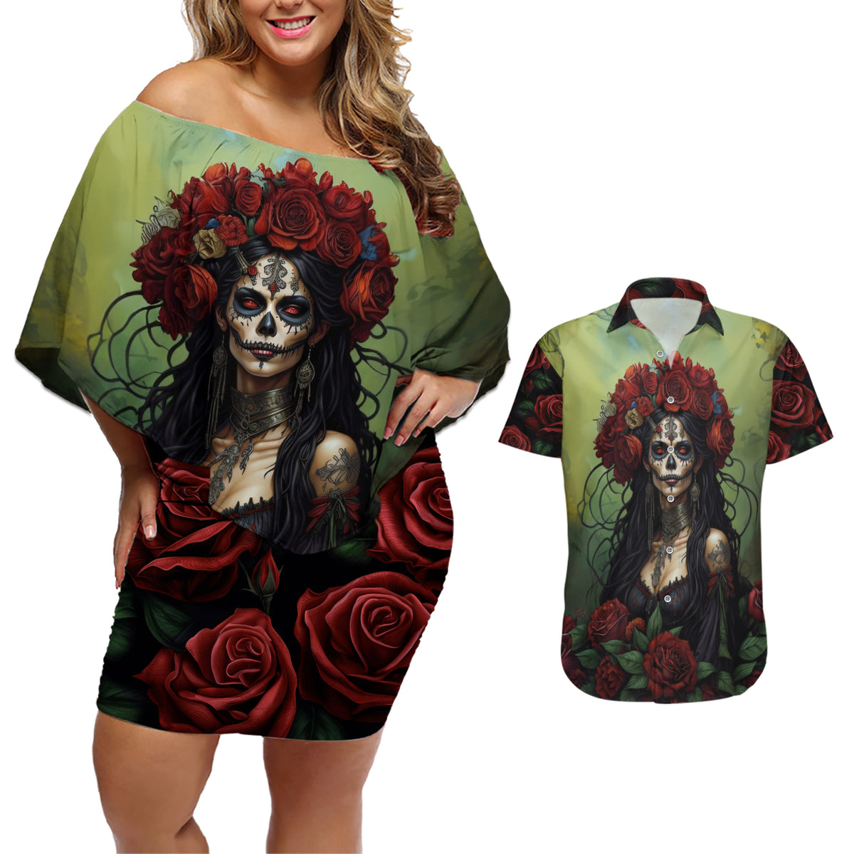 Day of Dead Lady Couples Matching Off Shoulder Short Dress and Hawaiian Shirt Sugar Skull Rose Lady - Wonder Print Shop