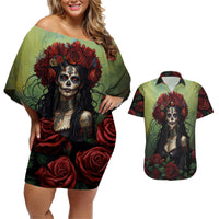 Day of Dead Lady Couples Matching Off Shoulder Short Dress and Hawaiian Shirt Sugar Skull Rose Lady - Wonder Print Shop