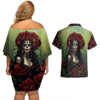 Day of Dead Lady Couples Matching Off Shoulder Short Dress and Hawaiian Shirt Sugar Skull Rose Lady - Wonder Print Shop