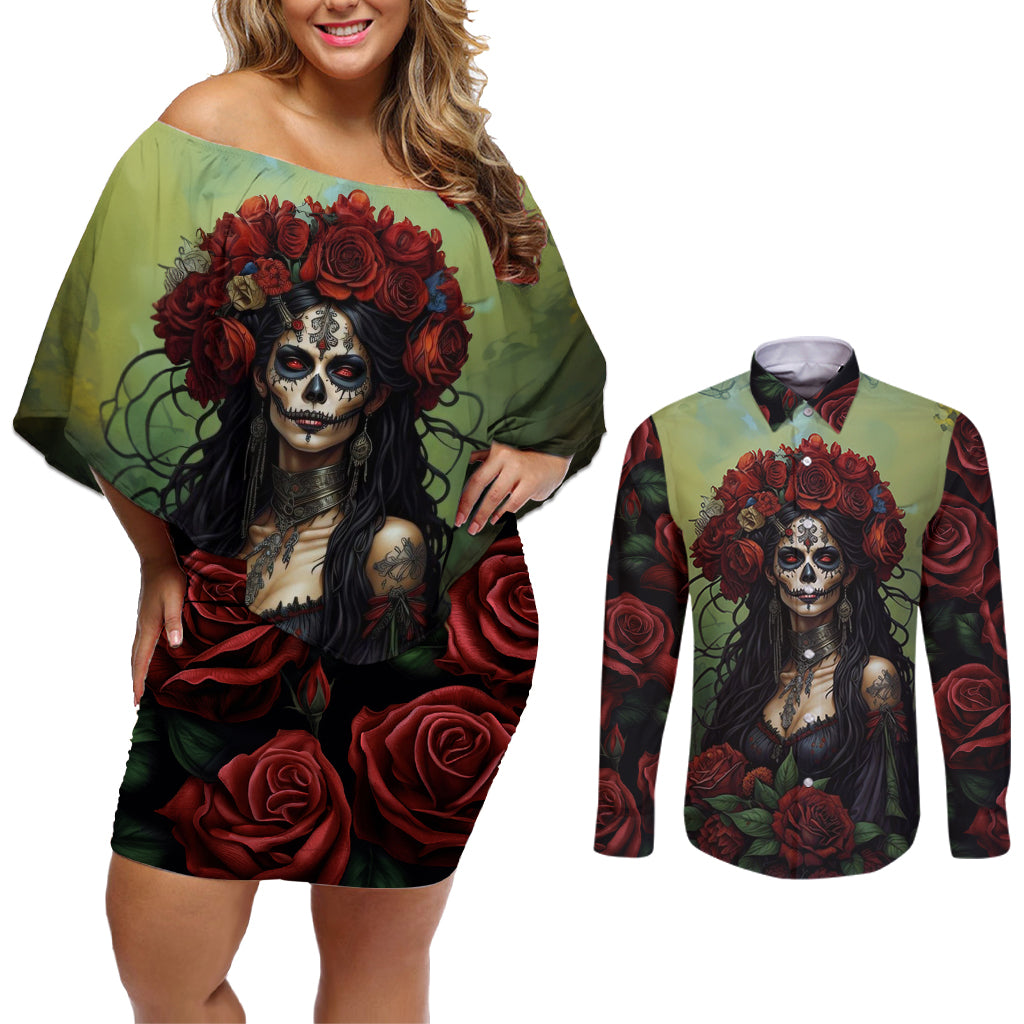 Day of Dead Lady Couples Matching Off Shoulder Short Dress and Long Sleeve Button Shirt Sugar Skull Rose Lady - Wonder Print Shop