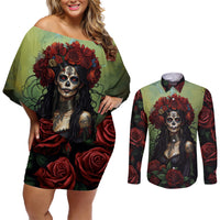 Day of Dead Lady Couples Matching Off Shoulder Short Dress and Long Sleeve Button Shirt Sugar Skull Rose Lady - Wonder Print Shop