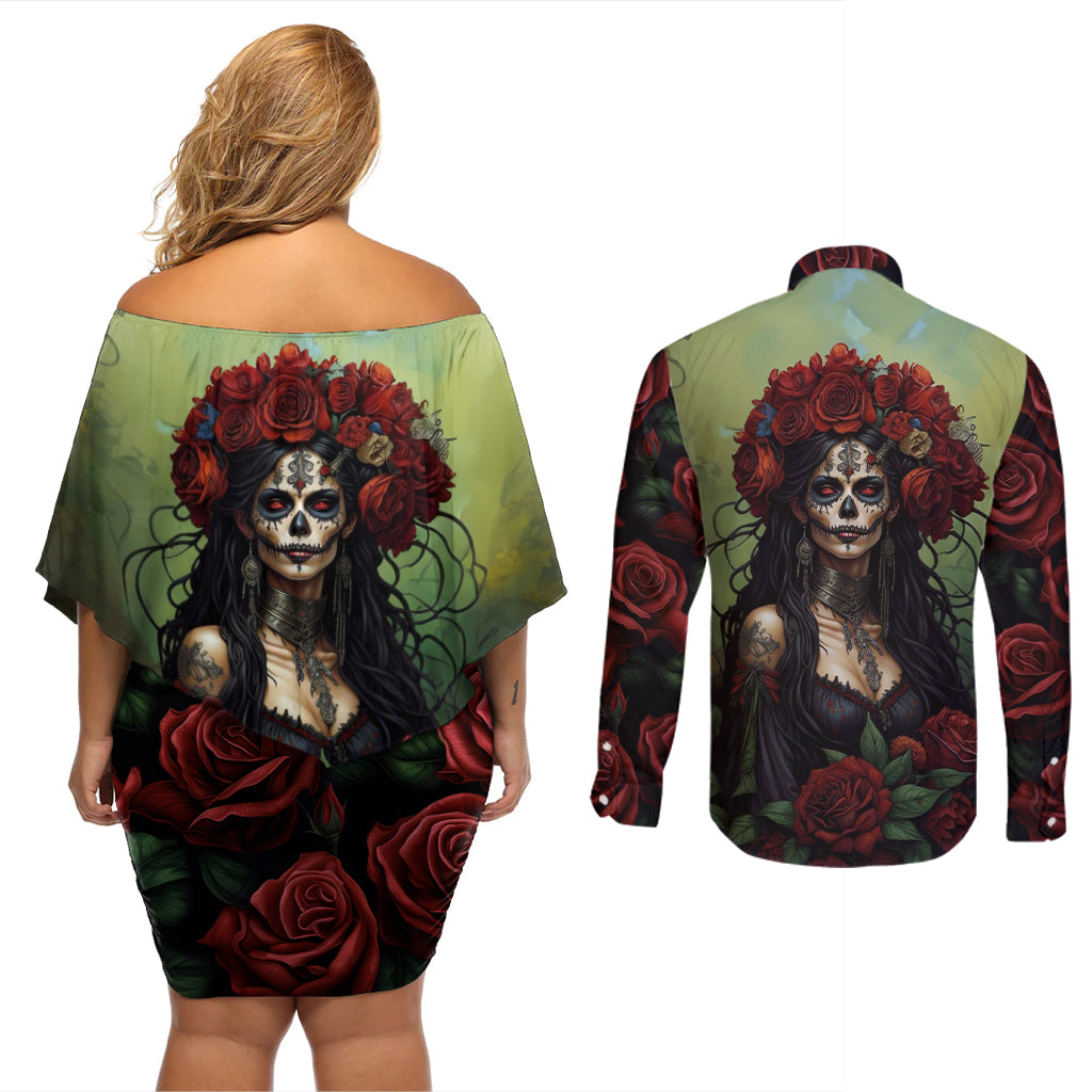 Day of Dead Lady Couples Matching Off Shoulder Short Dress and Long Sleeve Button Shirt Sugar Skull Rose Lady - Wonder Print Shop