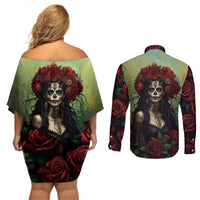 Day of Dead Lady Couples Matching Off Shoulder Short Dress and Long Sleeve Button Shirt Sugar Skull Rose Lady - Wonder Print Shop