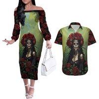 Day of Dead Lady Couples Matching Off The Shoulder Long Sleeve Dress and Hawaiian Shirt Sugar Skull Rose Lady - Wonder Print Shop