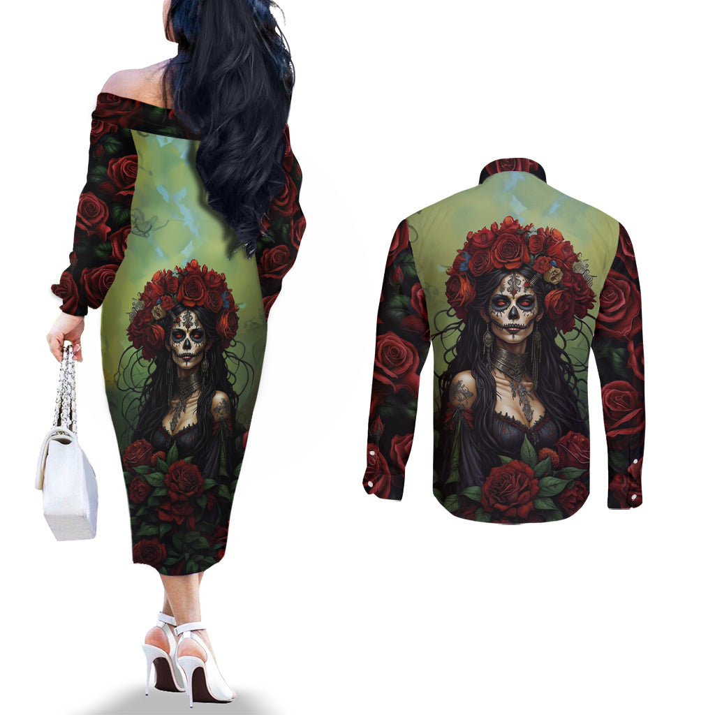 day-of-dead-lady-couples-matching-off-the-shoulder-long-sleeve-dress-and-long-sleeve-button-shirt-sugar-skull-rose-lady