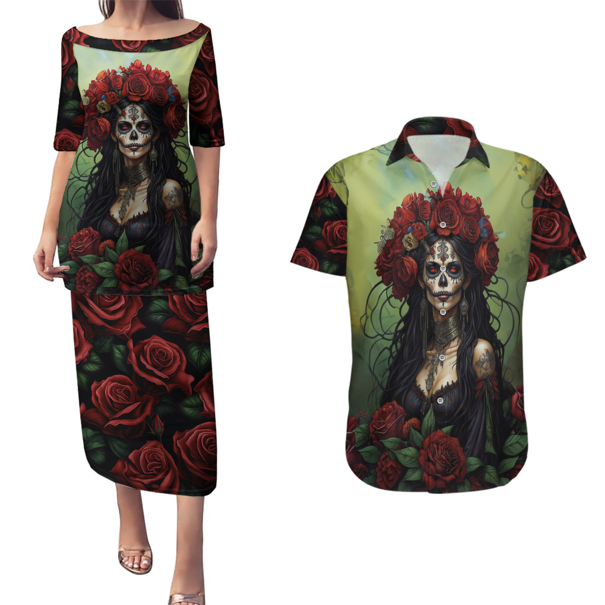 Day of Dead Lady Couples Matching Puletasi Dress and Hawaiian Shirt Sugar Skull Rose Lady - Wonder Print Shop