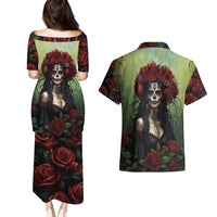 Day of Dead Lady Couples Matching Puletasi Dress and Hawaiian Shirt Sugar Skull Rose Lady - Wonder Print Shop