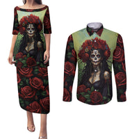 Day of Dead Lady Couples Matching Puletasi Dress and Long Sleeve Button Shirt Sugar Skull Rose Lady - Wonder Print Shop