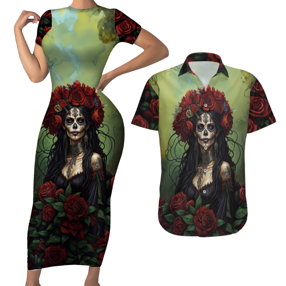 Day of Dead Lady Couples Matching Short Sleeve Bodycon Dress and Hawaiian Shirt Sugar Skull Rose Lady - Wonder Print Shop