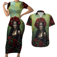 Day of Dead Lady Couples Matching Short Sleeve Bodycon Dress and Hawaiian Shirt Sugar Skull Rose Lady - Wonder Print Shop