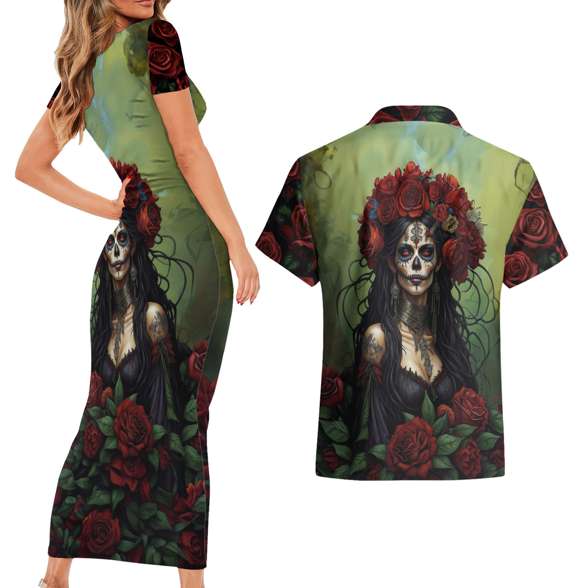 Day of Dead Lady Couples Matching Short Sleeve Bodycon Dress and Hawaiian Shirt Sugar Skull Rose Lady - Wonder Print Shop